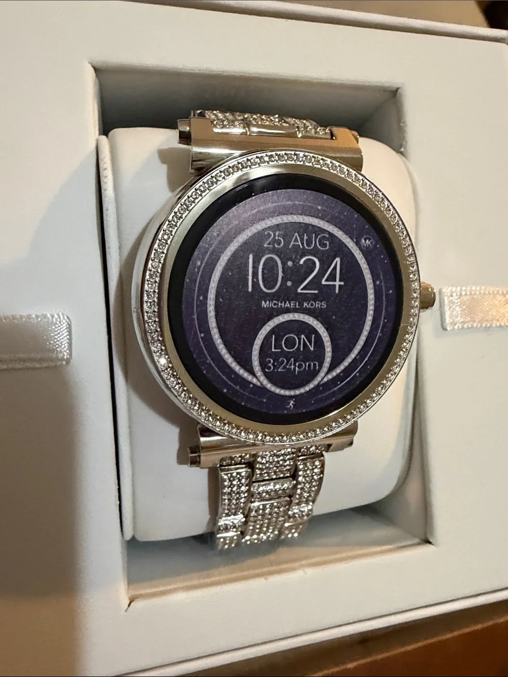 Michael Kors Silver Smartwatch with Blue Digital Dial and Crystal Accents